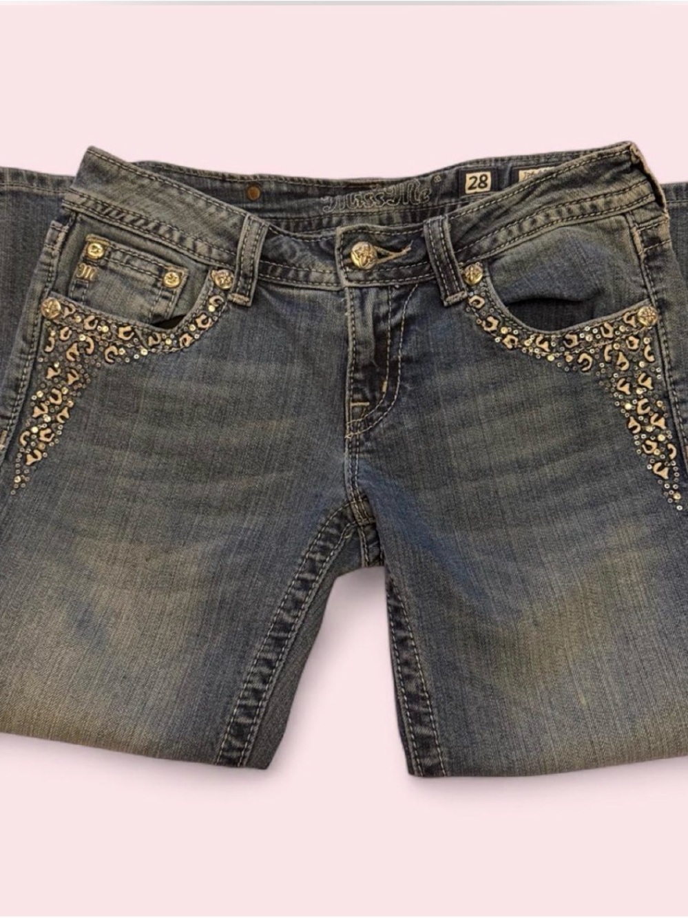 Miss Me Blue Denim Jeans with Rhinestone & Stud Accents